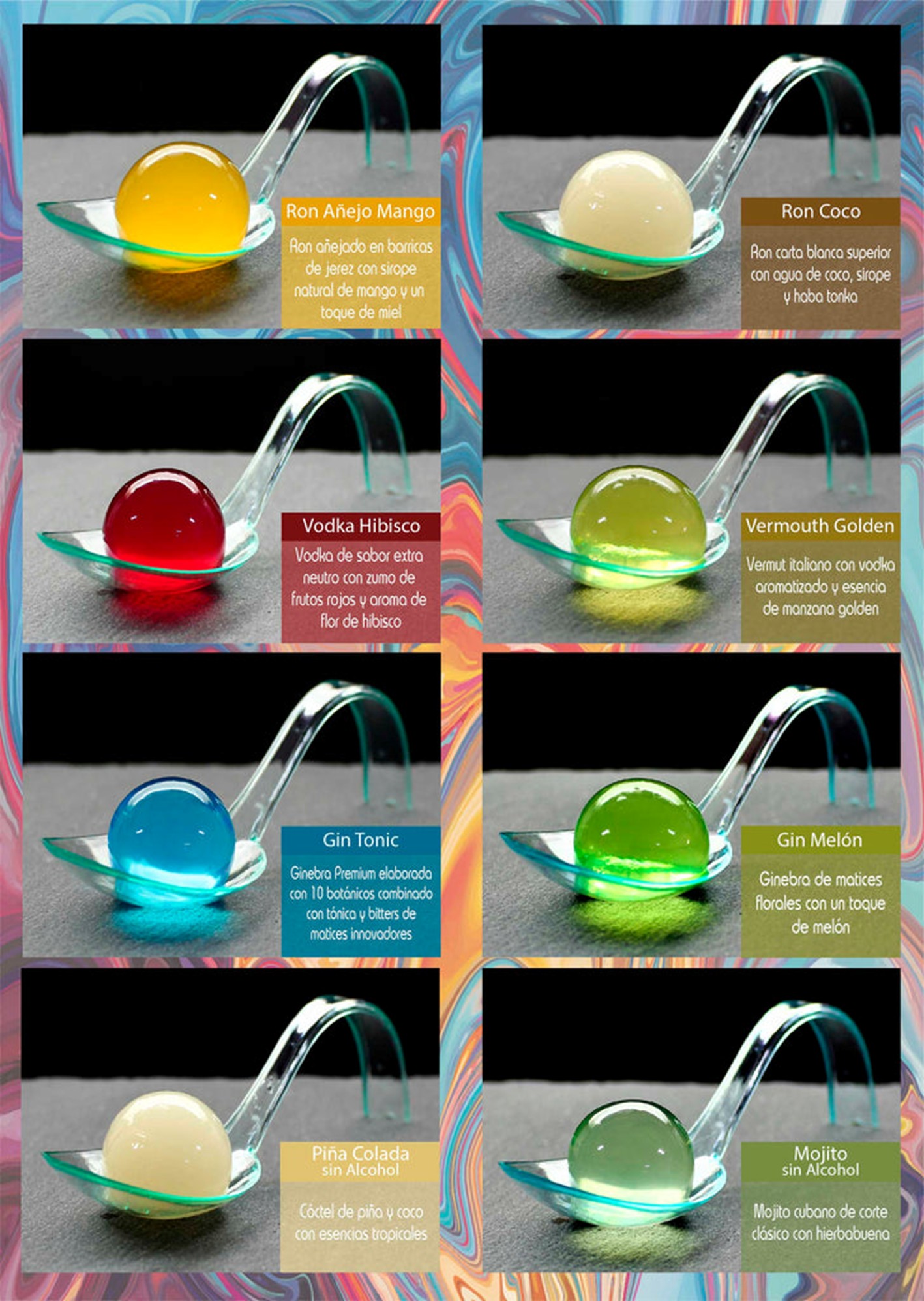 ocho variedades de esferas de coctelería molecular